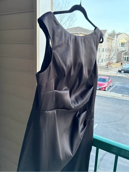 🆕✨ Aidan Mattox Adrianna Papell Black Satin Sheath Dress Midi Size 16 Classic - Picture 6 of 17